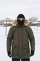 Чоловіча зимова куртка-парка хакі подовжена з хутром, Утеплена водовідштовхувальна парка кольору хакі з капюшоном на пуху