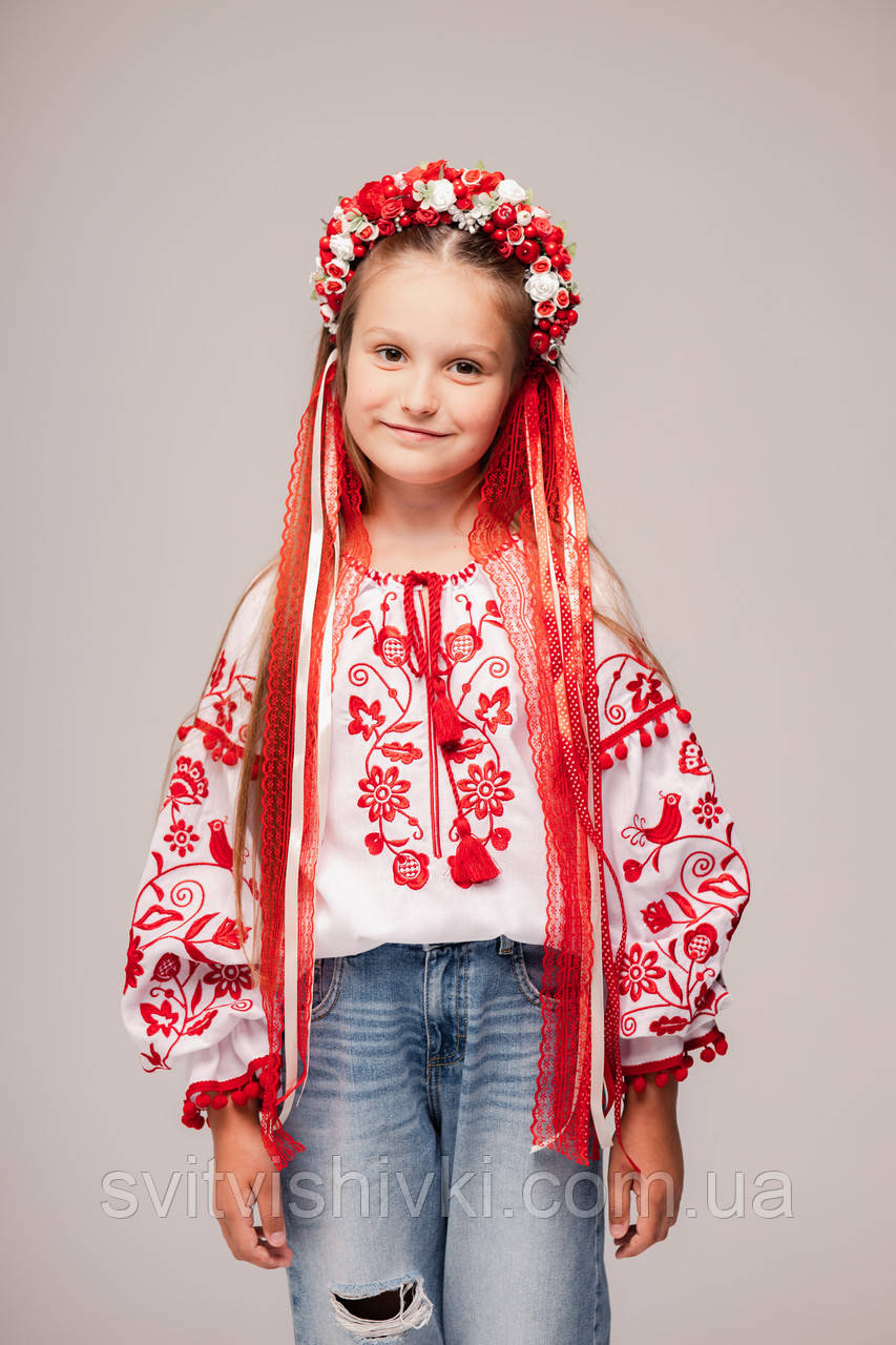 Стильна вишиванка для дівчинки з помпонами "Дерево роду", фото 1