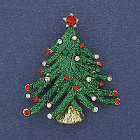 Брошка кулон Новорічна Ялинка зелена емаль стрази золотистий метал 43х37мм + - купити біжутерію оптом в інтернеті
