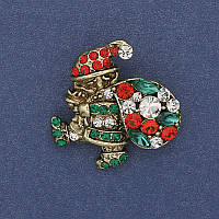 Брошка Новорічна Санта стрази золотистий метал 28х26мм + - купити біжутерію оптом в інтернеті