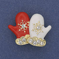 Брошка Новорічна Рукавички емаль білі стрази золотистий метал 26х34мм + - купити біжутерію оптом в інтернеті