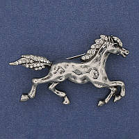 Брошка Кінь білі стрази сріблястий метал 50х32мм+- купити біжутерію дешево оптом в інтернеті