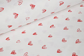 Ранфорс 240 см Сердечка замальовані червоні на білому