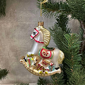 Ялинкова фігурна ретро прикраса зі скла Конячка - гойдалка 10.5см