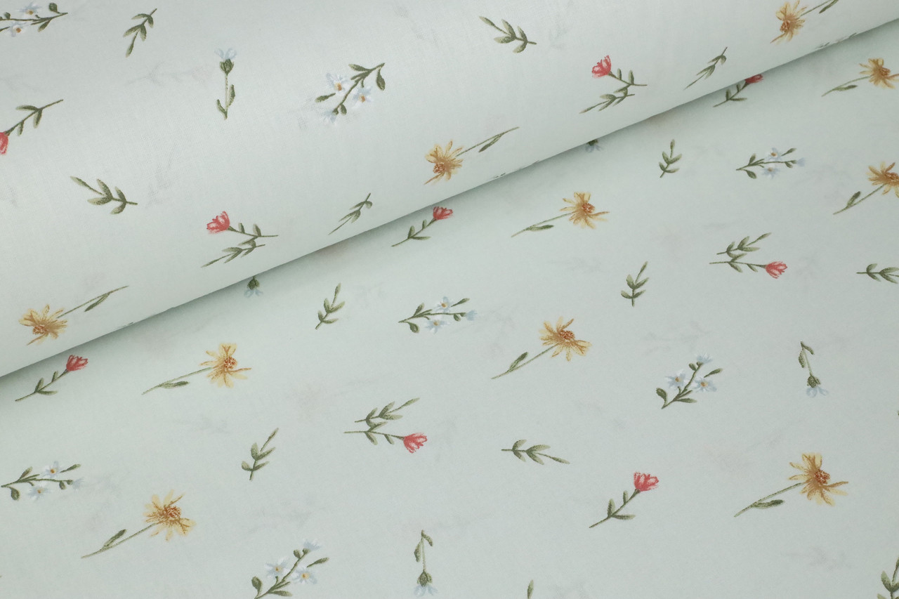 Ранфорс 240 см Жовті та рожеві квіти на ніжно-м'ятному