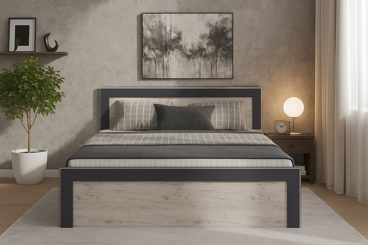 Сучасне двоспальне ліжко 160х200 см з твердим узголів'ям у спальню Модуль Летро дуб крафт білий+графіт