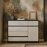 Стильний комод 120 см з шухлядами та полицями без ручок модерн у спальню ЛДСП Модуль Летро дуб крафт білий+графіт