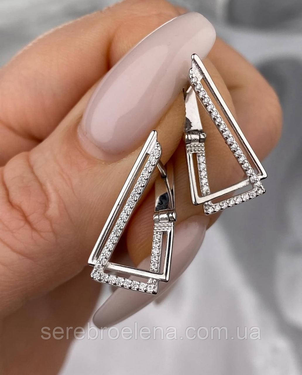 Срібні сережки Трикутники з камінчиками, фото 1