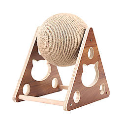 Когтеточка для котів настільна дерев’яна з кулею із сизалю 17х18х19 см, іграшка та тренажер для кішок