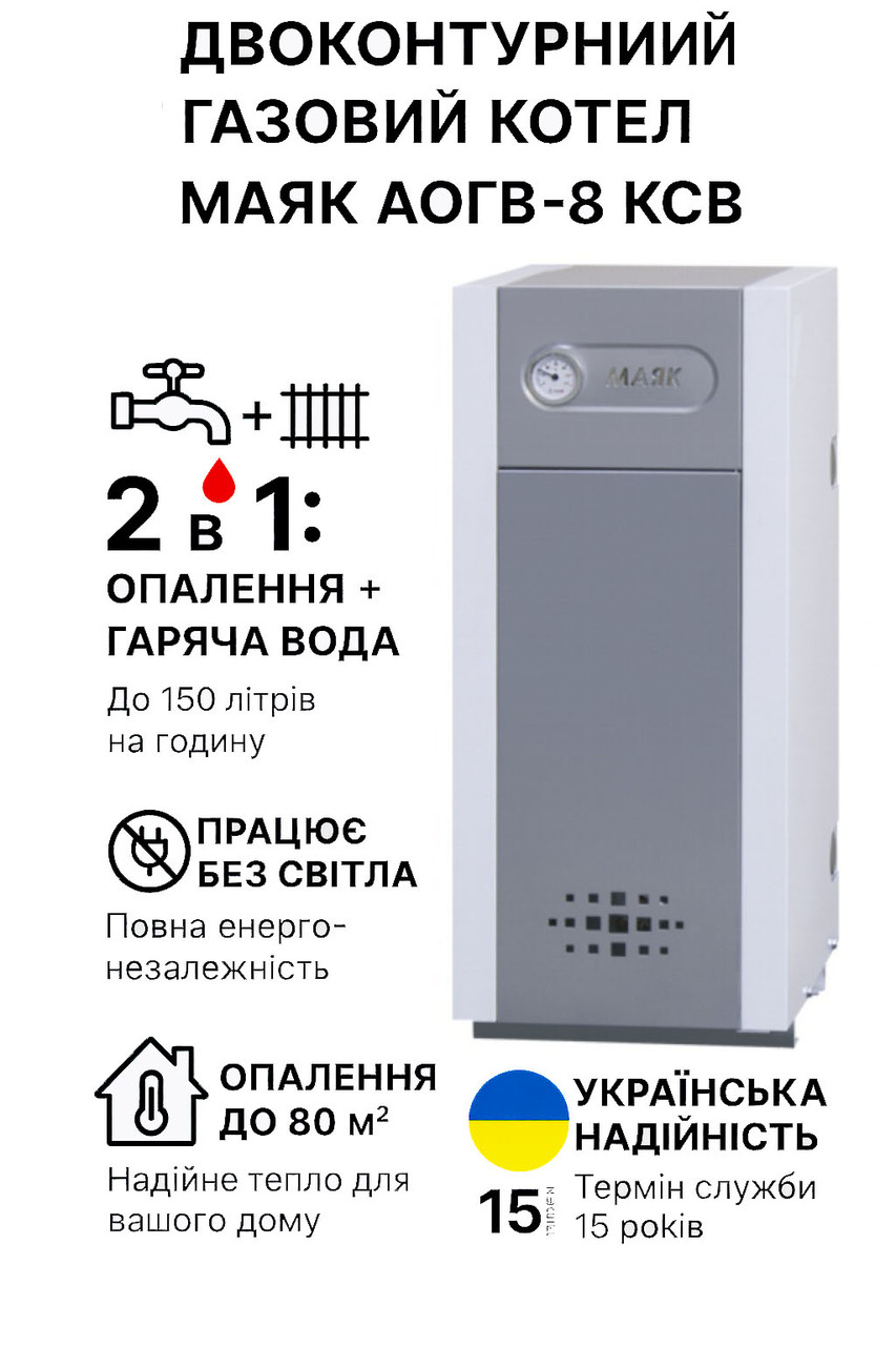 Котел газовий Маяк АОГВ-8 КСВ (8 кВт, до 80 м²). Двоконтурний: опалення + гаряча вода. Енергонезалежний., фото 1