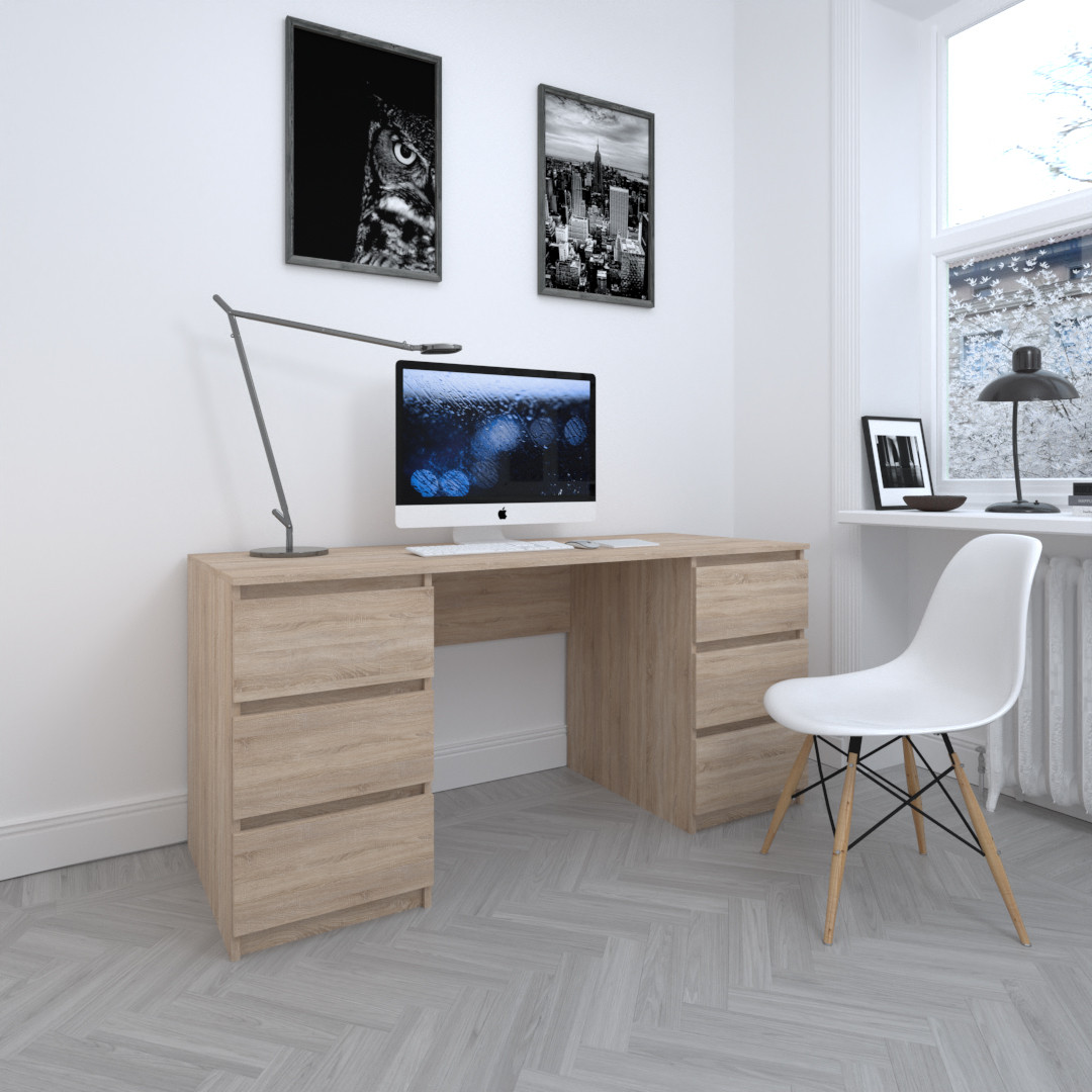 Письмовий стіл з двома тумбами без ручок на 6 ящика дуб сонома 160*75*60 см, фото 1