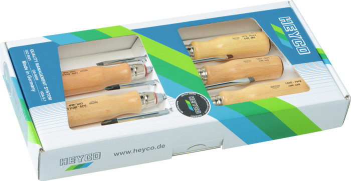 Набір викруток ударних SL\PH, 6 предм., дерев'яна ручка, нікельовані, CrV, Heyco (Німеччина), фото 1