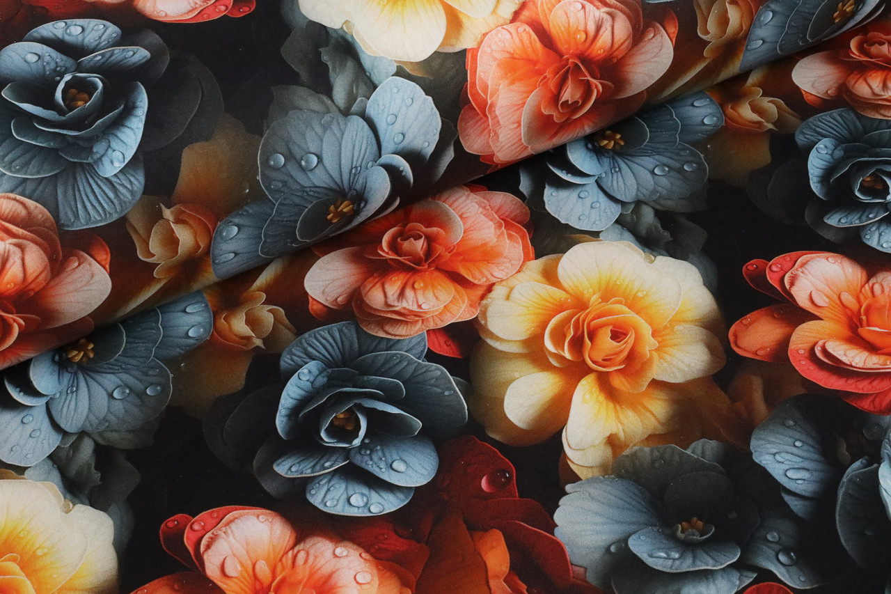 Ранфорс 240 см Квіти з крапельками роси 5D