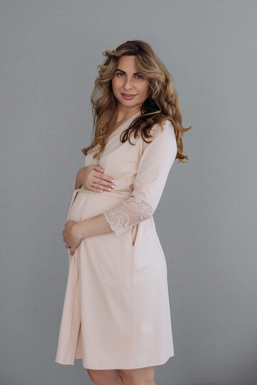 Халат для вагітних та годуючих мам бавовняний рожево-бежевий, фото 1