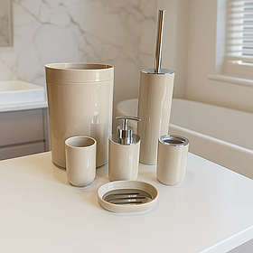 Набір аксесуарів для ванної та душової кімнати Bathlux 6 штук урна, йоржик дозатор, склянки, мильниця, бежевий