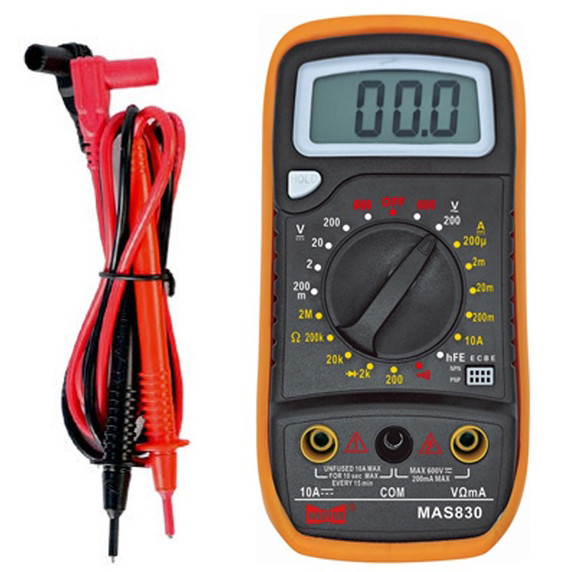 Мультиметр цифровий HAOYUE MAS830 батарейка 9V, 2 щупи, з продзвонюванням і тестом транзисторів, фото 1