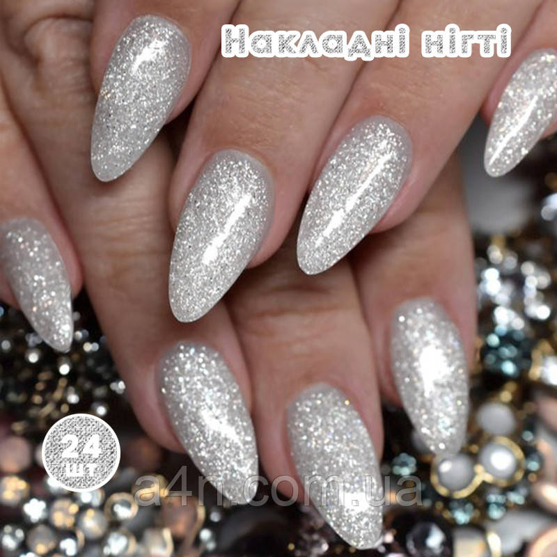 Накладні нігті 24 шт. з блискітками срібло + клейові стики для нігтів, типси мигдаль для манікюру, фото 1
