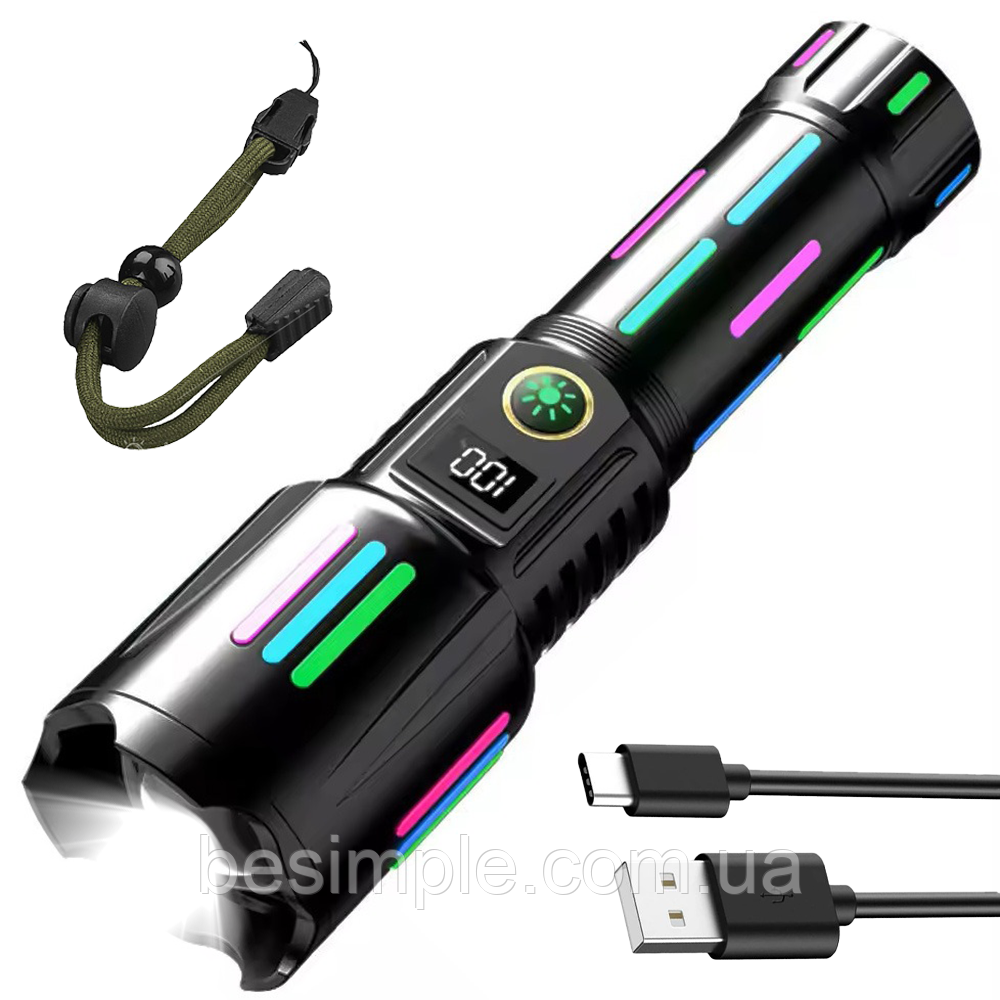 Ручний ліхтар із Zoom, 1х18650, USB, W515-PM10-TG / Акумуляторний ліхтар / Тактичний світлодіодний ліхтарик, фото 1