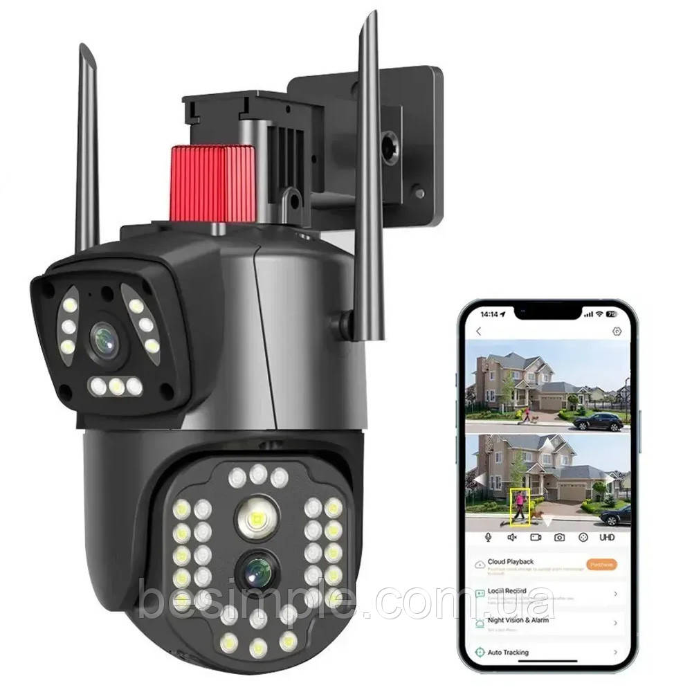 Вулична WiFi камера відеоспостереження 8Мп, 2 об'єктиви / Поворотна камера з датчиком руху, фото 1