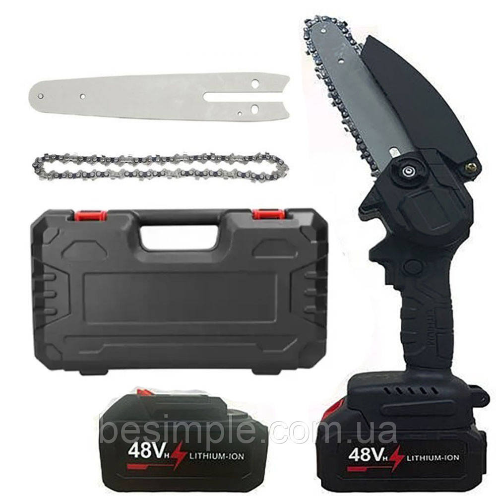 Акумуляторна пила ланцюгова 6" в кейсі + 2 АКБ 48V / Ручна електропила для саду / Міні-пила для обрізки гілок, фото 1