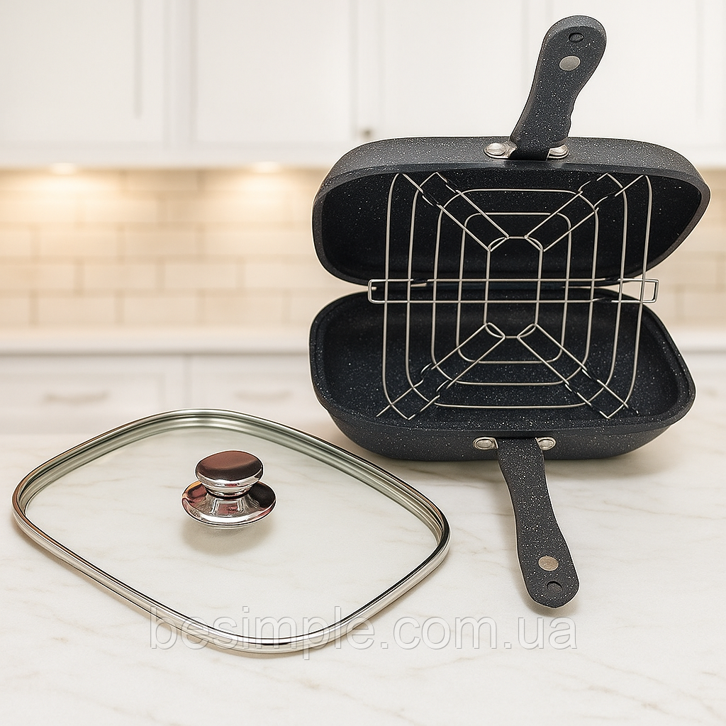 Сковорода-гриль з кришкою, 28*22см, TK00097 / Сковорідка кухонная / Сковорода антипригарна, фото 1