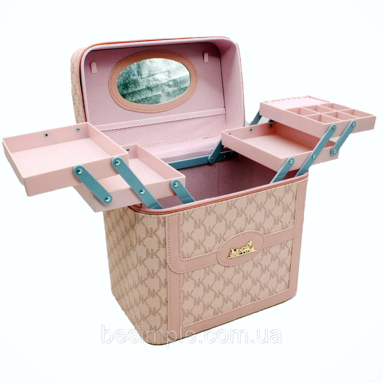Косметичка органайзер з дзеркалом 27х20х18см, 4 рівні, Рожевий / Дорожня косметичка / Кейс для косметики, фото 1