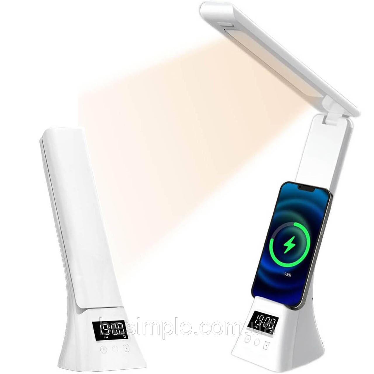 Настільна лампа з годинником і бездротовою зарядкою, TYV-2088 / Складна лампа сенсорна / Світлодіодна лампа, фото 1