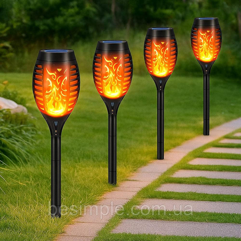 Комплект 4шт Садовий світильник на сонячній батареї 52см, Solar flame / Ліхтар з ефектом полум'я, фото 1