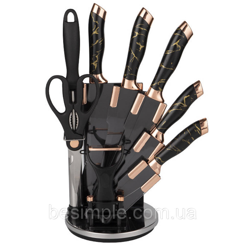 Набір кухонних ножів із підставкою, 9 предметів, EREASTHQS, Чорний/Набір ножів із точилом/Набір приладів, фото 1