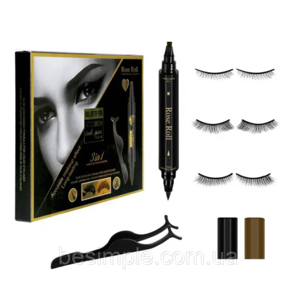 Набір для брів та вій 3в1 (Накладні вії, Маркер, Підводка) Rose Roll / Набір для фарбування брів, фото 1
