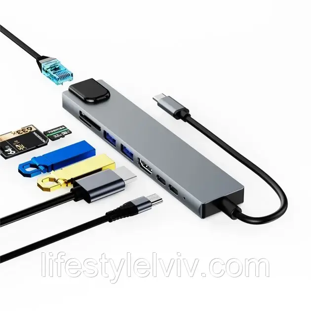 Універсальний USB-C хаб 8 в 1, USB 3.0 / Хаб для ноутбука / Багатофункціональний концентратор для ноутбука, фото 1
