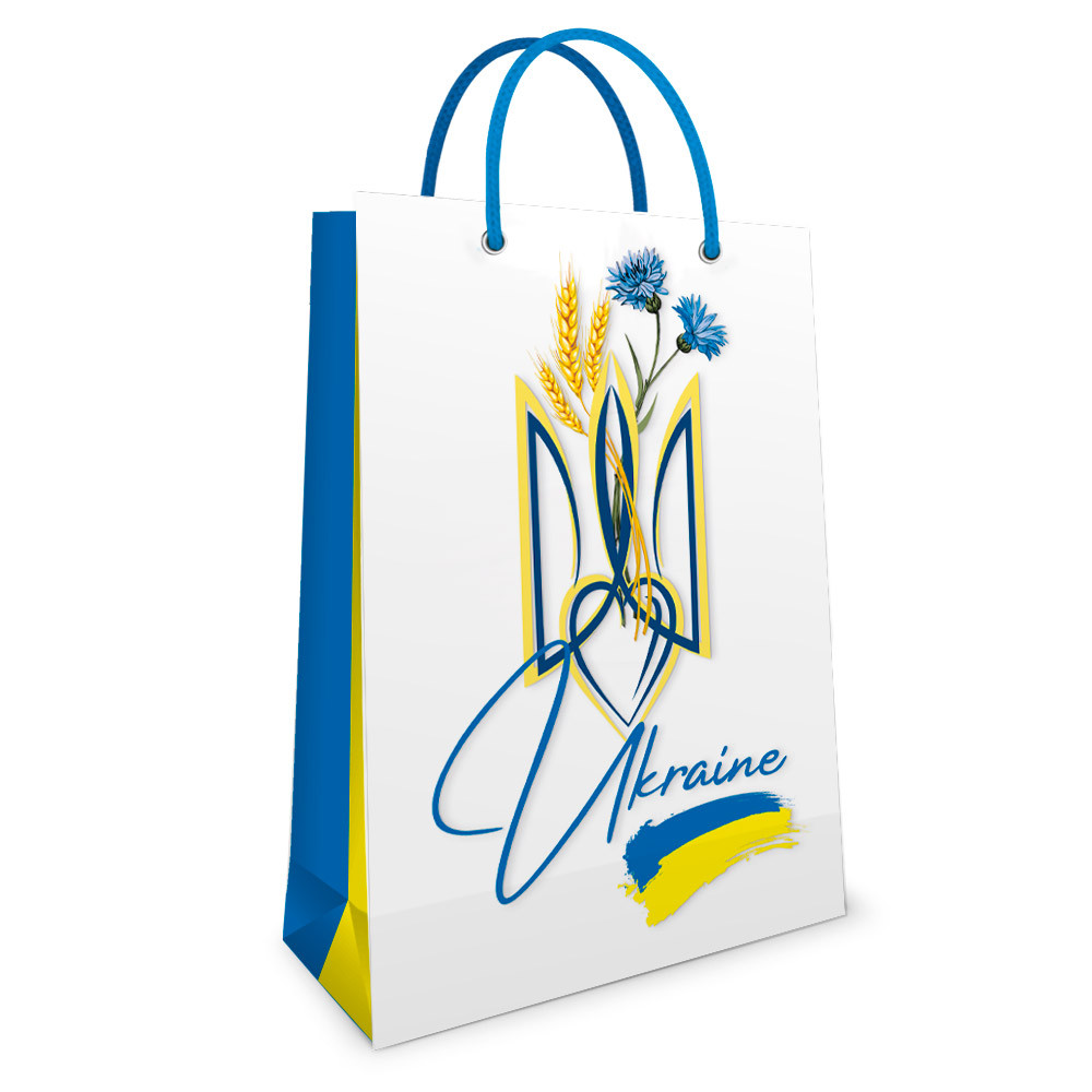 Пакет з українською символікою картонний ламінований 24х34х9 см, П196 Тризуб з волошками, фото 1