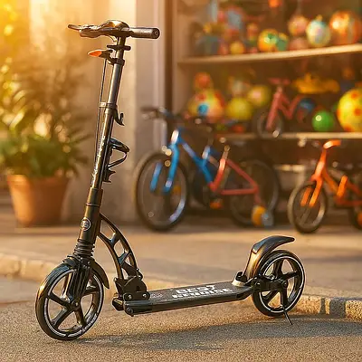 Самокат міський дитині Інерційний транспорт для вулиці PU колеса фара гальмо амортизатор і підніжка Чорний