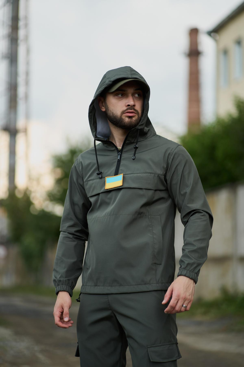 Куртка-анорак чоловіча хакі, тактичний одяг з липучкою, демісезонна вітрівка-анорак з капюшоном - фото 1 - id-p2736618292