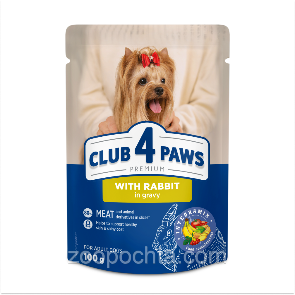 Акция! Влажный корм Club 4 Paws Premium Adult Клуб 4 лапы для собак всех пород, кролик в соусе 100 гр х 24ШТ, фото 1