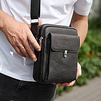Чоловіча сумка з натуральної шкіри 24х20х8, чорна барсетка через плече, чоловічий месенджер, чорний, фото 6