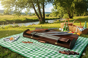 Подарунковий набір для шашлику в дерев'яному боксі – шампури, виделка, ніж і аксесуари