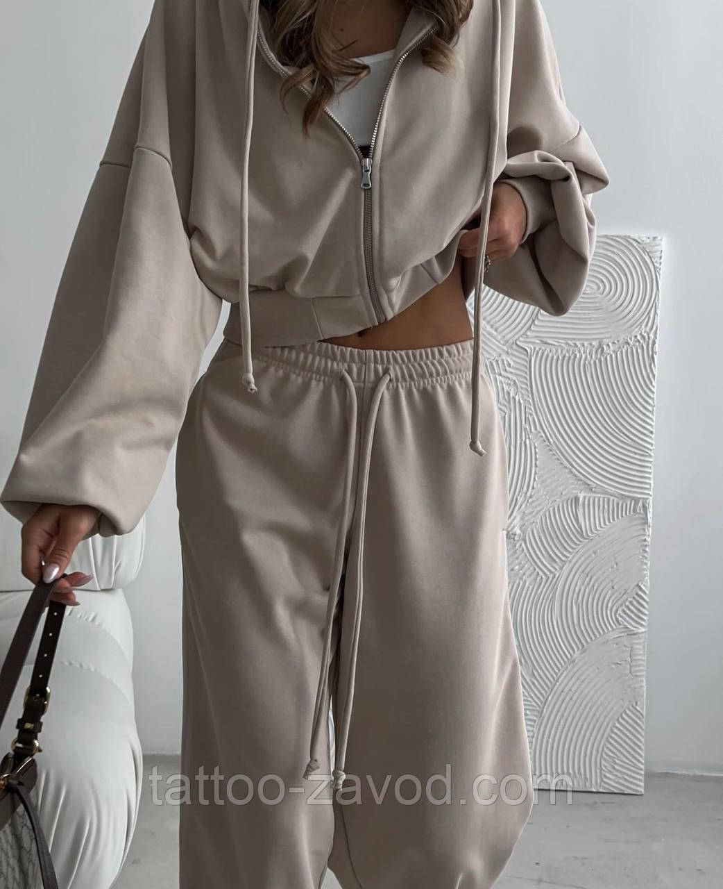 Костюм жіночий Оверсайз кофта на блискавці з капюшоном і штани вільного крою тринитка на флісі 42-44 46-48, фото 1