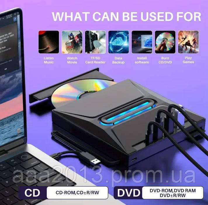 Зовнішній USB 3.0 DVD RW CD Тонкий оптичний привід Записуючий плеєр Пристрій для запису Зчитувач карт пам'яті Програвач VV, фото 1