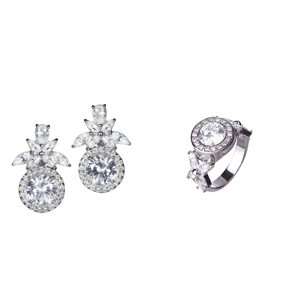 Елегантний срібний комплект прикрас з білим цирконієм покритий родієм, фото 1