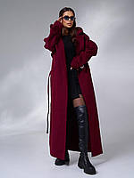 Бордовое кашемировое пальто оверсайз длинное на запах с поясом и разрезами