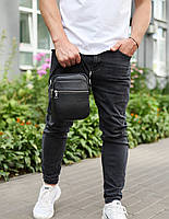 Чоловіча шкіряна барсетка 21х17х7, плечева чорна сумка, чоловічий міський шопер, фото 5