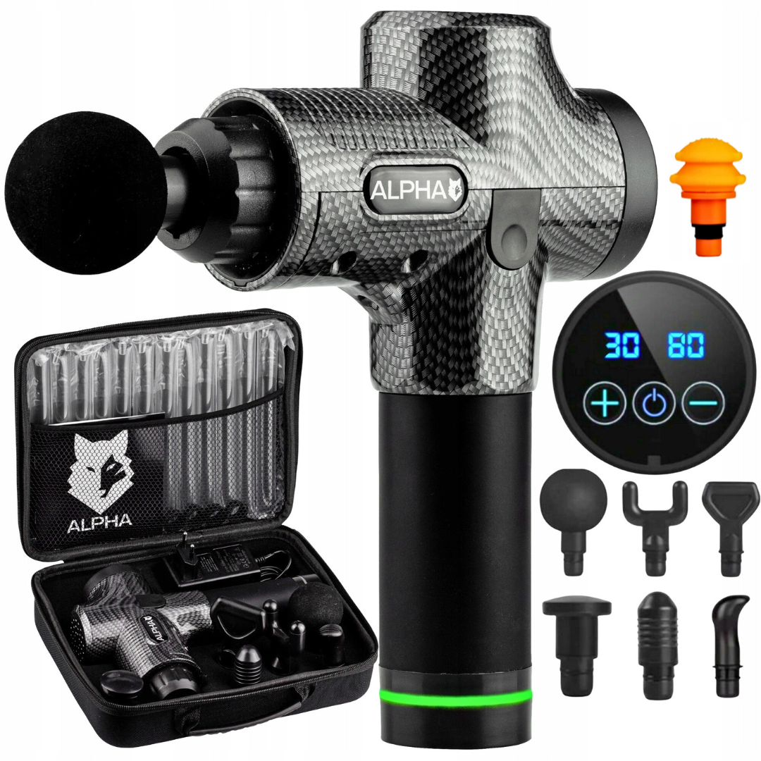 Масажний перкусійний пістолет для тіла Масажер для мʼязів Alpha AMG-01 100Вт 30 швидкостей 7 насадок LCD дисплей + кейс, фото 1