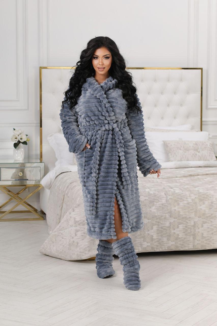 Довгий махровий  халат з чобітками світло-сірого кольору, фото 1