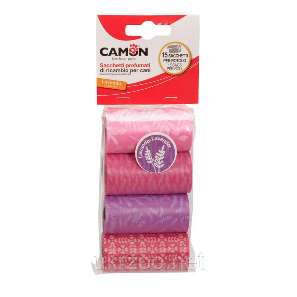 Пакети для собачих фекалій з ароматом лаванди, 6см, 4штx15пак, рожево,фіолетові, 12шт/уп, (ціна за 1шт.), фото 1