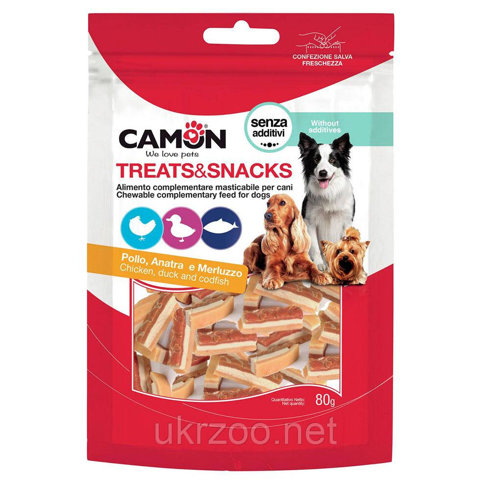 Ласощі м'ясні шматочки з курки, качки та тріски, 80 гр, 3*1 см, (флоупак) 14 упак./короб. (ціна за упак), фото 1