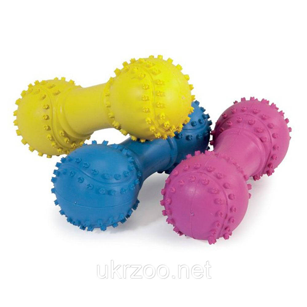Іграшка для собак гантель гумова з бейсбольними м'ячами по краях  з пищалкою, 10 см 6 шт.упак (ціна за 1шт), фото 1