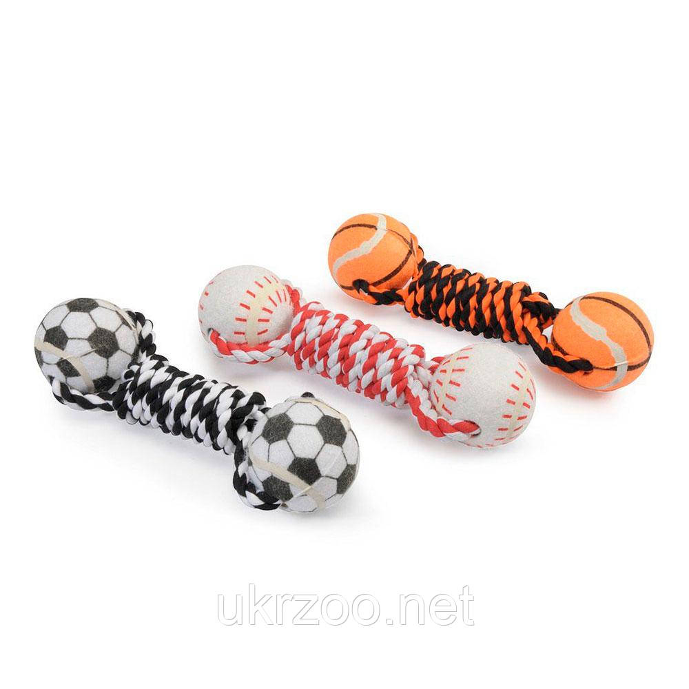 Іграшка для собак м'ячі спортивні ( баскетбольний/бейсбольний/футбольний) з канатом грейфером, 5 см / 16 см, 3, фото 1