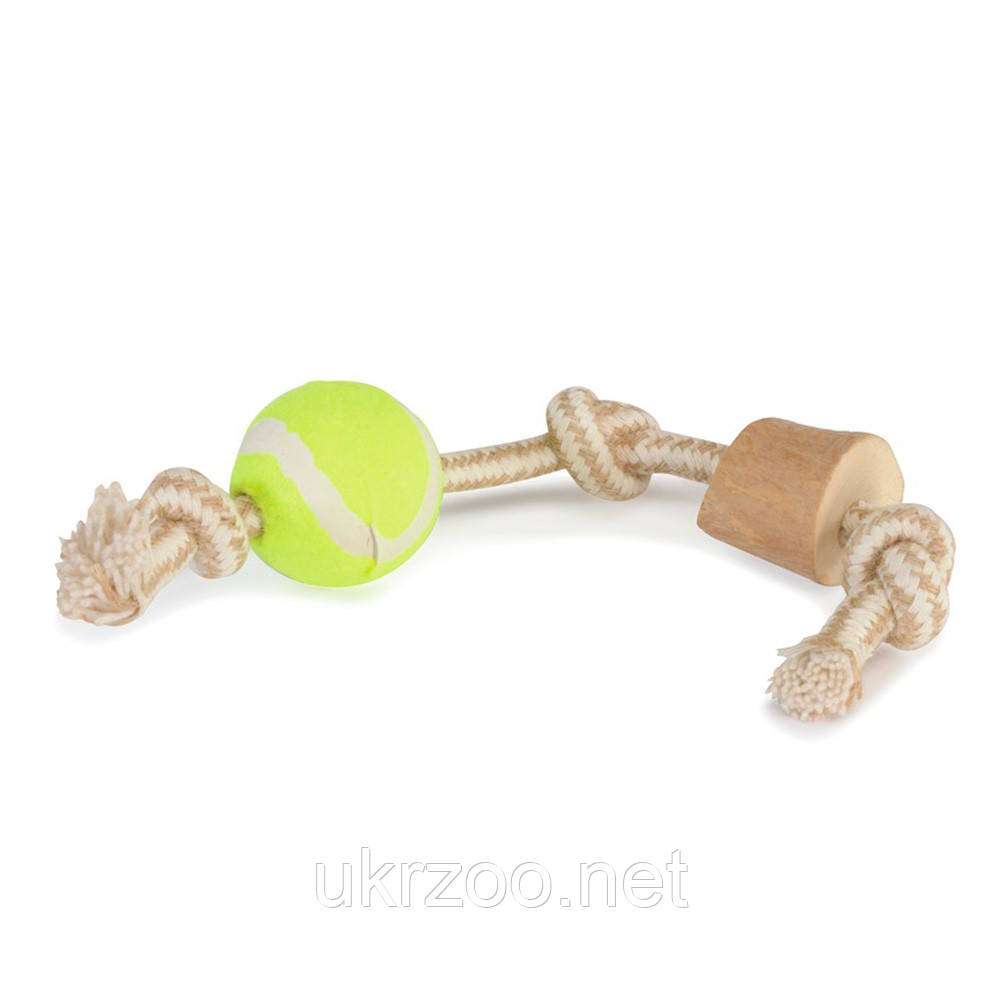 Іграшка для собак шматок з кавового дерева на мотузці з тенісним м'ячем, 28 см, d.2/3см,*3 см 4 шт.упак (ціна, фото 1
