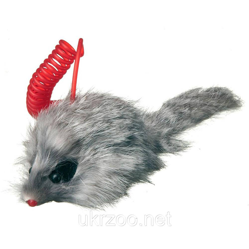 Іграшка для котів "Божевільна мишка" з пружинкою, штучне хутро 7 см, 12 шт/уп, (ціна за 1 шт.), фото 1